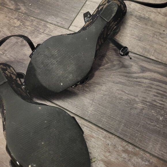 Linea Paolo Black Leather Straps, Crystal Buckle & Lace Wedge Heel Sandals US 4 - Picture 4 of 7